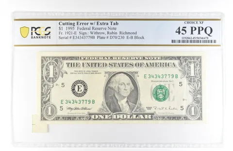 1995 $1 45 VA FRN Cutting Error W/ Extra Tab Fr#1921-E Choice PPQ PCGS *5838