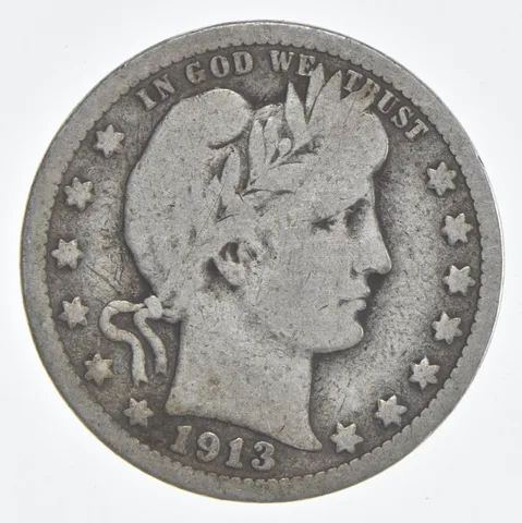 1913 (P) Barber Quarter 90% Silver VG Condition