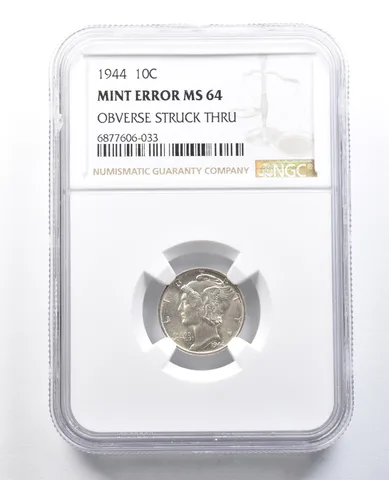 1944 Mercury Dime Mint Error Obverse Struck Thru MS64 NGC *8209