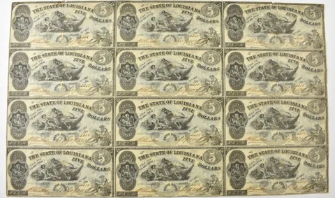 Lot (12) 1862 $5 Baton Rouge LA Treasury Note No#2258 Uncut Sheet a5758