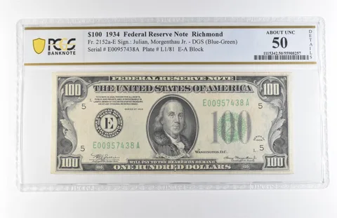 1934 $100 Richmond VA FRN Fr#2152a-E DGS (Blue-Green) AU 50 Details PCGS *7888