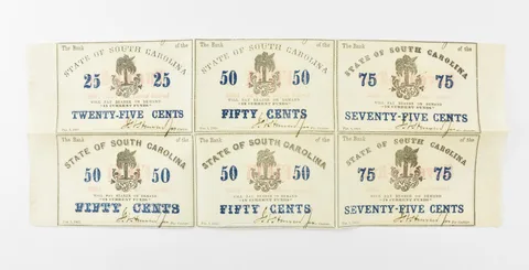 Lot (6) 1863 25/50/75 Cents State Of South Carolina Obsolete Note Uncut *8935