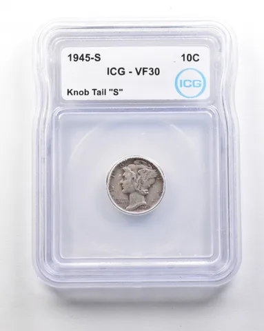 1945-S Mercury Dime Mint Error Knob Tail "S" VF30 ICG *1621