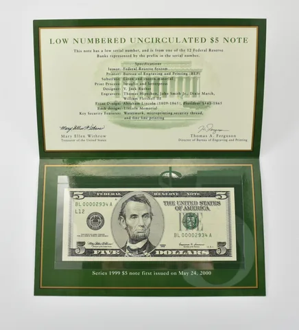 1999 $5 FRN L Bank Low Serial Number BEP *0382