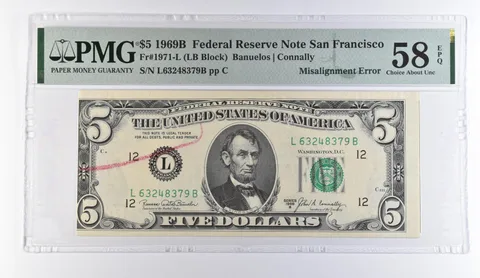 1969 B $5 San Francisco FRN Misalign Error Fr#1971-L Choice AU 58 EPQ PMG *9444