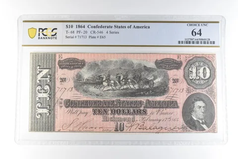 1864 $10 Confederate States Of America T-68 PF-20 CR-546 CH Unc 64 PCGS *3421