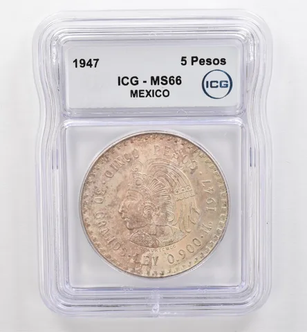 1947 Mo Mexico 5 Pesos MS66 ICG Beautiful Tone *9498