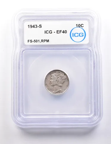 1943-S Mercury Dime FS-501 RPM EF40 ICG *9826