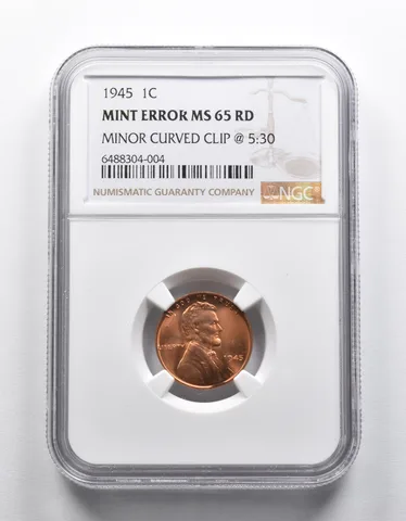 Mint Error MS65 RD 1945 Lincoln Wheat Cent Minor Curved Clip @5:30 NGC a1887