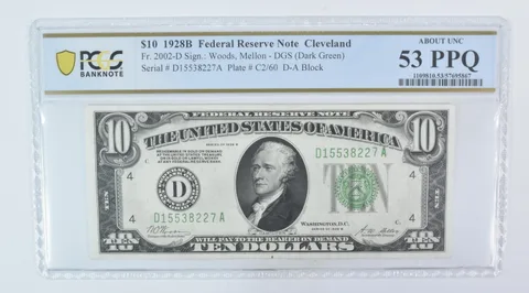 1928 B $10 Cleveland OH FRN Fr#2002-D About Unc 53 PPQ PCGS a5976