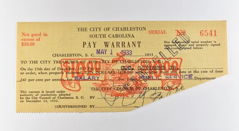1933 $10 Charleston SC Pay Warrant Cancelled *3182
