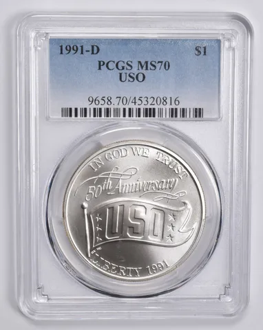 1991-D USO Commemorative Dollar MS70 PCGS Blue Label