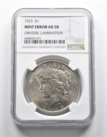 Mint Error AU58 1923 Peace Silver Dollar OBV Lamination NGC *1985
