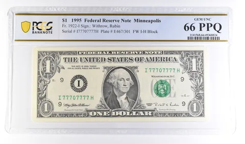 1995 $1 Minneapolis FRN Fr#1922-I Gem Unc 66 PPQ PCGS Near Solid 7 Serial *6130