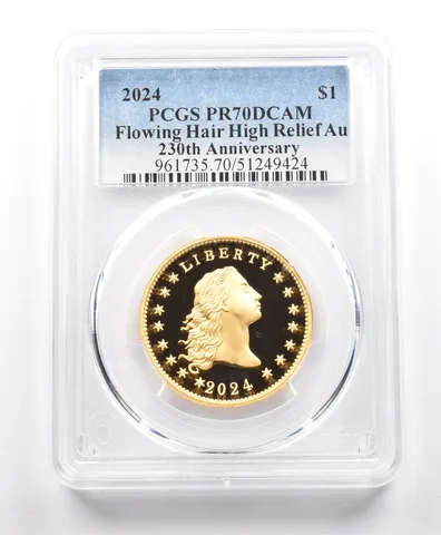 2024 $1 Flowing Hair Gold Dollar 230th Anniversary High Relief PR70 PCGS a3354