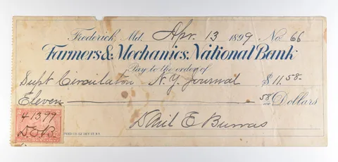 1899 Frederick MD Farmers & Mechanics Bank Check $11.58 *8544