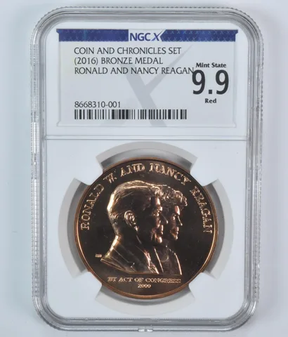 (2016) Bronze Medal Ronald & Nancy Reagan Coin & Chronicles Set MS 9.9 RD NGC X
