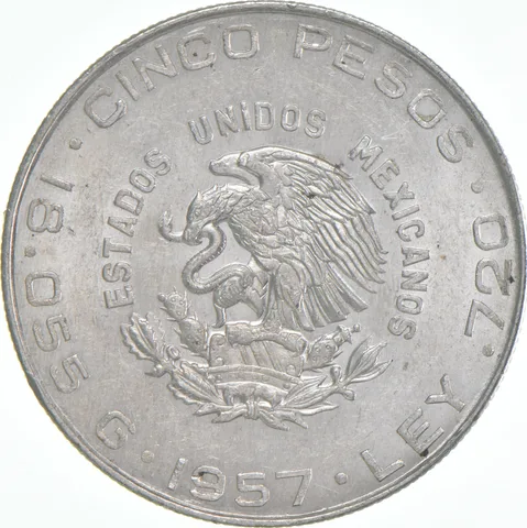 1957 Mo Mexico 5 Pesos Hidalgo .720 Silver AU
