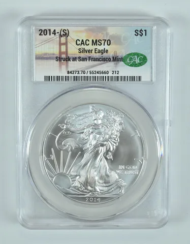 2014-(S) American Silver Eagle Struck At San Francisco MS70 CACg SF Lbl