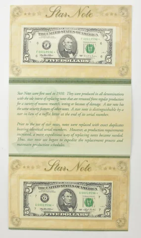 Lot (2) 1993/1995 $5 Chicago IL/Atlanta GA FRN Star Notes *7947
