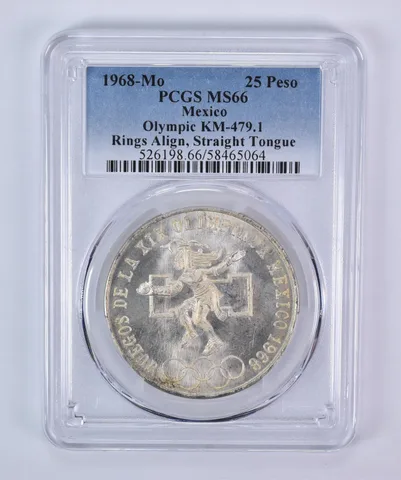 1968 Mo Mexico 25 Pesos Silver Olympic Align Straight Tongue KM-479.1 MS66 PCGS
