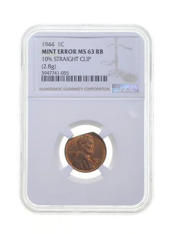 MS63 RB MINT ERROR 1944 Lincoln Wheat Cent 10% Straight Clip (2.8g) - NGC *4258