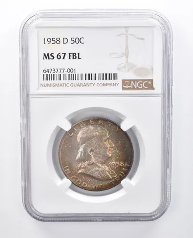 1958-D Franklin Half Dollar MS67 FBL NGC Rainbow Tone *7906