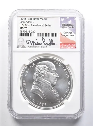 MS70 (2018) 1 Oz Silver Medal Adams US Presidential Series Mike Castle NGC *8370