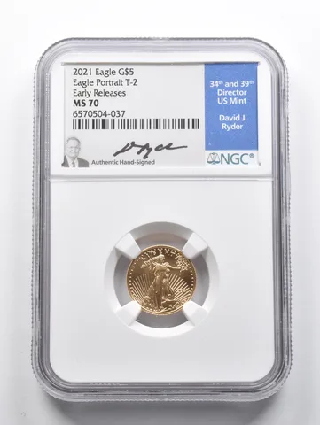 MS70 2021 $5 American Gold Eagle ER Portrait T2 Signed Ryder NGC *1582