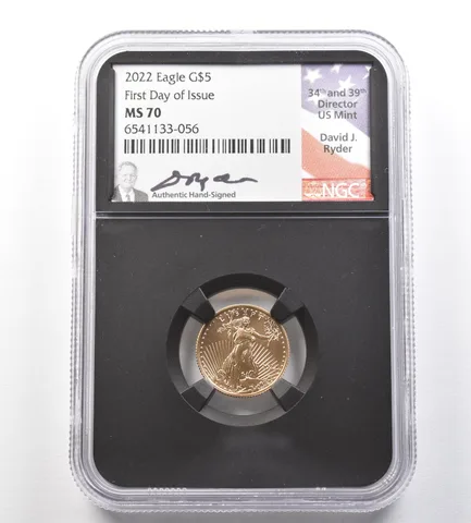 2022 $5 American Gold Eagle David Ryder FDOI 1/10 Oz Gold MS70 NGC *0997