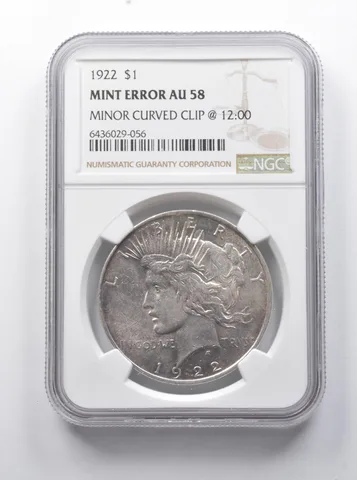 Error AU58 1922 Peace Silver Dollar Minor Curved Clip @ 12:00 NGC *7910