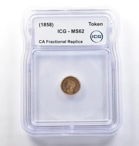 (1858) CA Fractional Gold Style Token Liberty Head 1/2 Dollar MS62 ICG *3804
