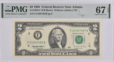 $2 1995 Atlanta GA Federal Reserve Note PMG Superb Gem Unc 67 EPQFr#1936-F