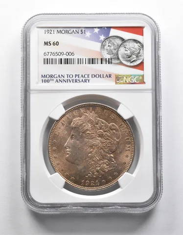 MS60 1921 Morgan Silver Dollar 100th Anniversary Label NGC INSANE Color a1903