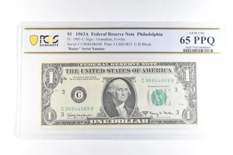 1963 A $1 Philadelphia PA FRN Fr#1901-C Radar Serial Gem Unc 65 PPQ PCGS a6096