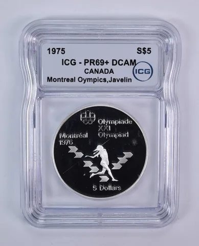 1975 Canada 5 Dollars Silver Montreal Olympics Javelin PR69+ DCAM ICG