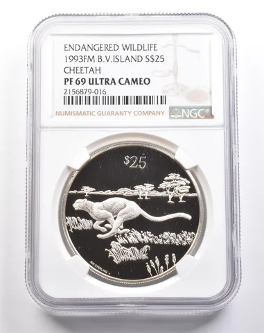 1993 FM British Virgin Islands 25 Dollars Silver Cheetah PF69 UCAM NGC a4928