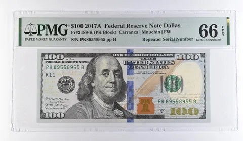 2017 A $100 Dallas TX FRN Repeater S/N Fr#2189-K Gem Unc 66 EPQ PMG *9474