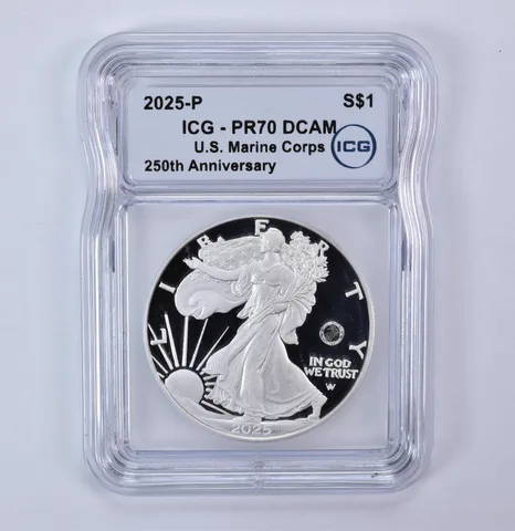 2025-P American Silver Eagle Marine Corps 250th Anniversary PR70 DCAM ICG