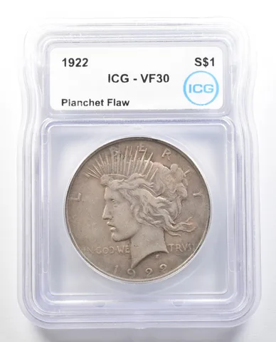 1922 Peace Silver Dollar Mint Error Planchet Flaw VF30 ICG *0115