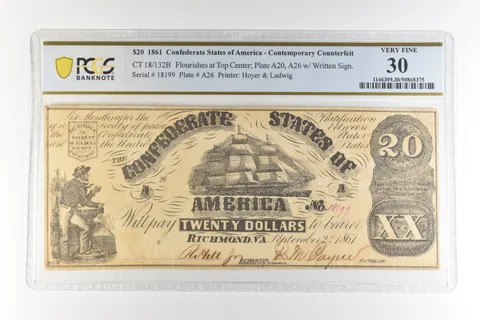 1861 $20 Confederate States Of America CT 18/132B Very Fine 30 PCGS *4466