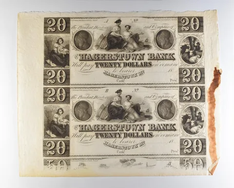 Lot (2) 1800s $20 Hagerstown MD Bank Obsolete Note Uncut *8700