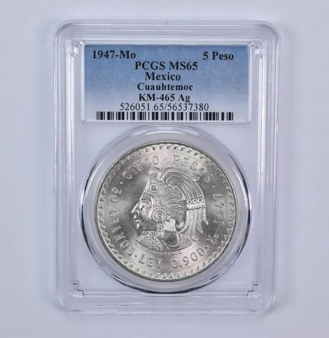 1947 Mo Mexico 5 Pesos Silver Cuauhtemoc KM-465 MS65 PCGS