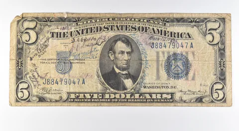 1934 A $5 Silver Certificate Blue Seal Short Snorter *9627