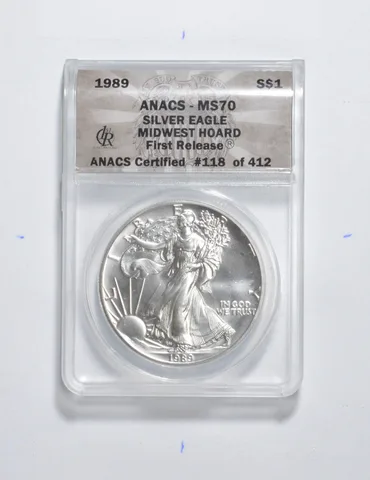 MS70 1989 American Silver Eagle Midwest Hoard First Release ANACS *3387