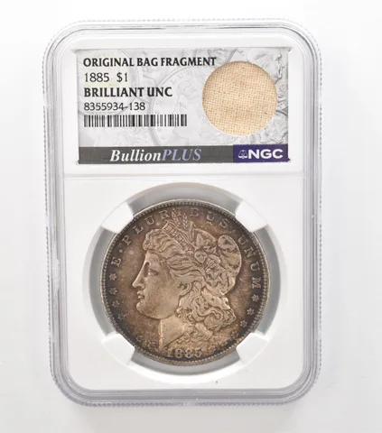 1885 Morgan Silver Dollar Original Bag Fragment BU NGC Beautiful Tone a3622