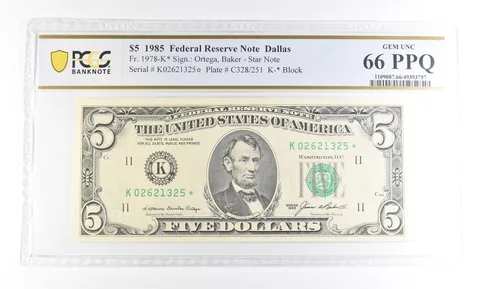 1985 $5 Dallas TX FRN Star Note Fr#1978-K* Gem Unc 66 PPQ PCGS *2919