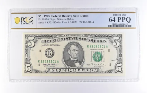 1995 $5 Dallas TX FRN Fr#1985-K Choice Unc 64 PPQ PCGS *8215