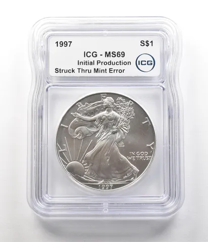 1997 American Silver Eagle Initial Production Error Struck Thru MS69 ICG a6834
