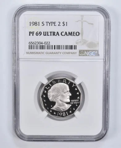 1981-S Susan B Anthony Dollar Type 2 PF69 UCam NGC Brown Lbl